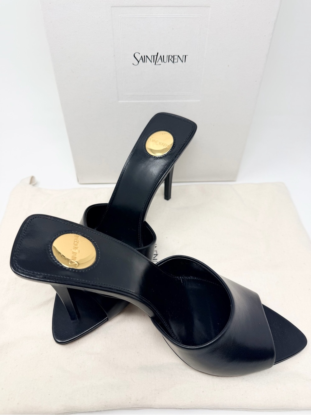 Saint Laurent Black Leather Open-Toe Mules with Gold Logo Medallion - Picture 5 of 9